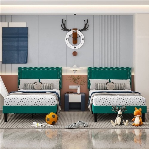 Twin Size Dark Green Upholstered Platform Bed Frames with Nailhead Trim Headboard - Set of 2
