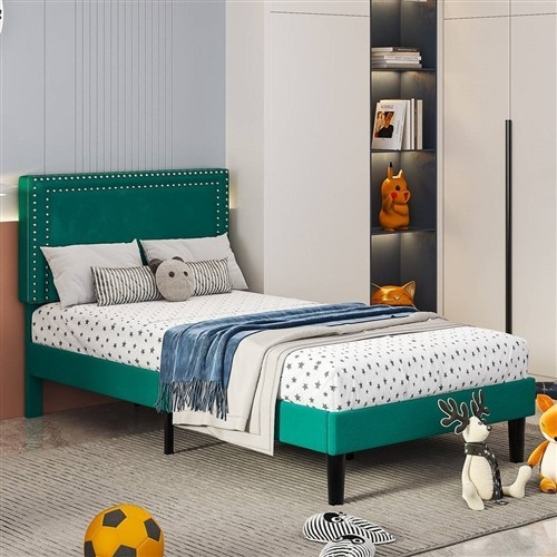 Twin Size Dark Green Upholstered Platform Bed Frames with Nailhead Trim Headboard - Set of 2
