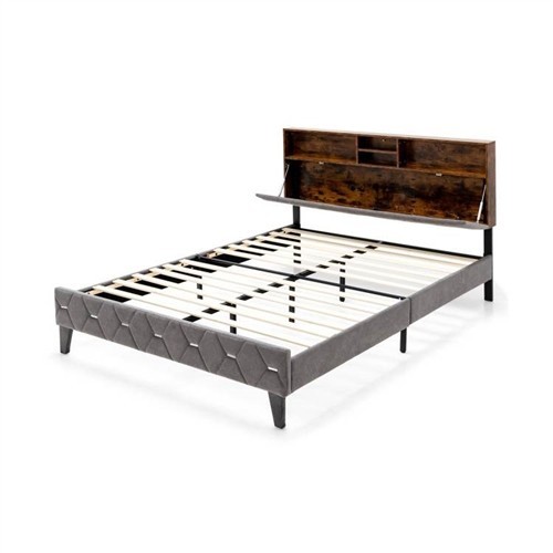 Full Size Velvet Upholstered Platform Bed Frame with Storage Headboard