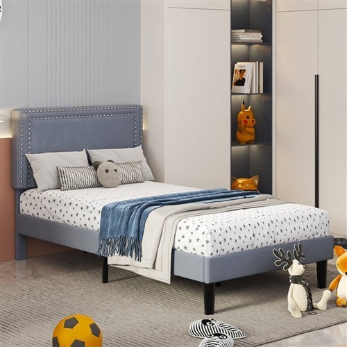 Twin Size Grey Upholstered Platform Bed Frames with Nailhead Trim Headboard - Set of 2