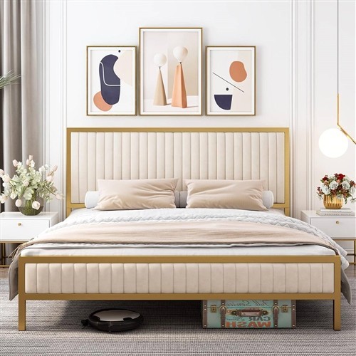 Queen Size Gold Metal Platform Bed Frame with Beige White Upholstered Headboard