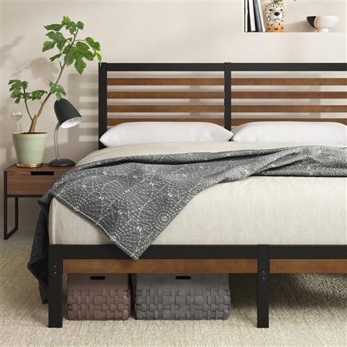 Full Size Black Metal Platform Bed Frame with Brown Bamboo Wood Slat Headboard and Footboard