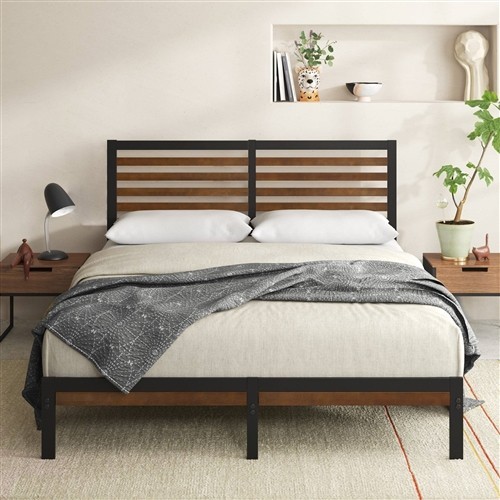 King Size Black Metal Platform Bed Frame with Bamboo Slat Headboard
