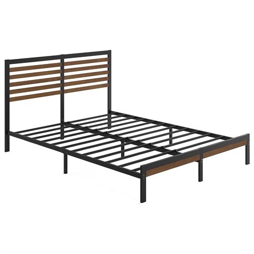 Queen Size Black Metal Platform Bed Frame with Bamboo Wood Slat Headboard and Footboard