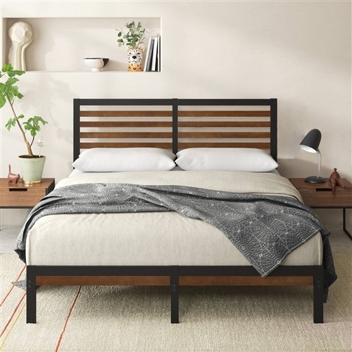 Queen Size Black Metal Platform Bed Frame with Bamboo Wood Slat Headboard and Footboard