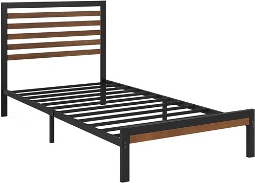 Twin Size Black Metal Platform Bed Frame with Bamboo Wood Slatted Headboard and Footboard