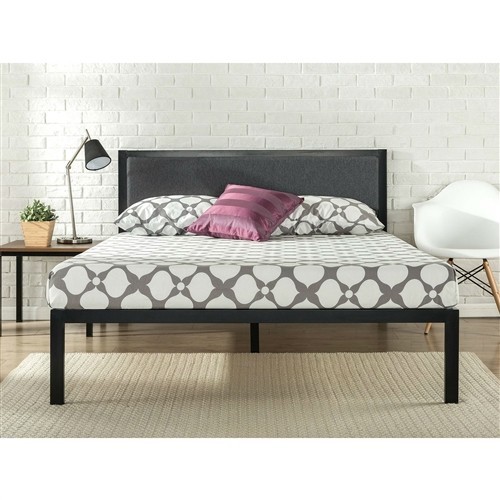 King Size Black Metal Platform Bed Frame with Wood Slats and Grey Upholstered Headboard