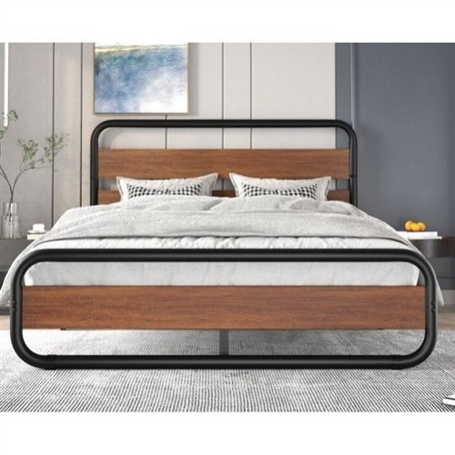 King Size Industrial Black Metal Platform Bed Frame with Wood Panel Headboard