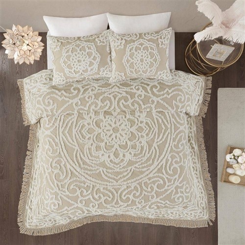 King Size Taupe 100% Chenille Cotton 3 Pc Bedspread Set with Fringed Hem