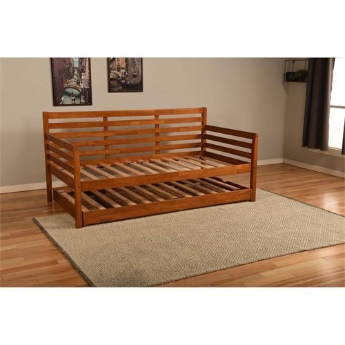 Twin Size Brown Solid Wood Day Bed Frame with Pull-Out/Pop-Up Twin Trundle Bed