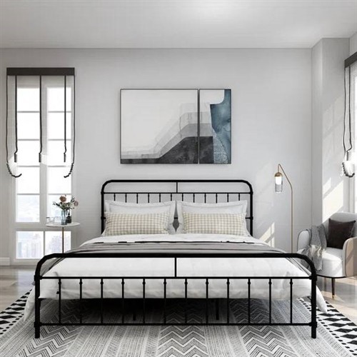 King Size Black Metal Platform Bed Frame with Rounded Headboard and Footboard