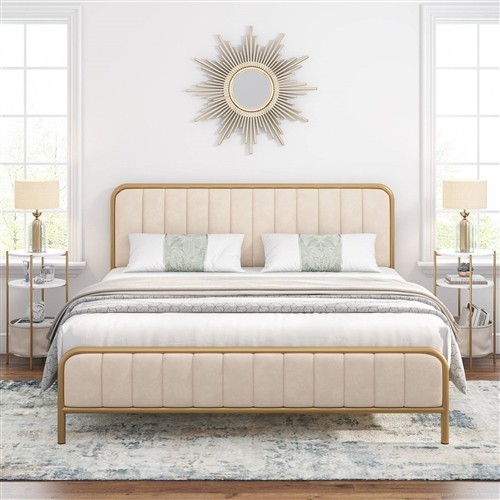 King Size Gold Metal Platform Bed Frame with Off-White Upholstered Headboard