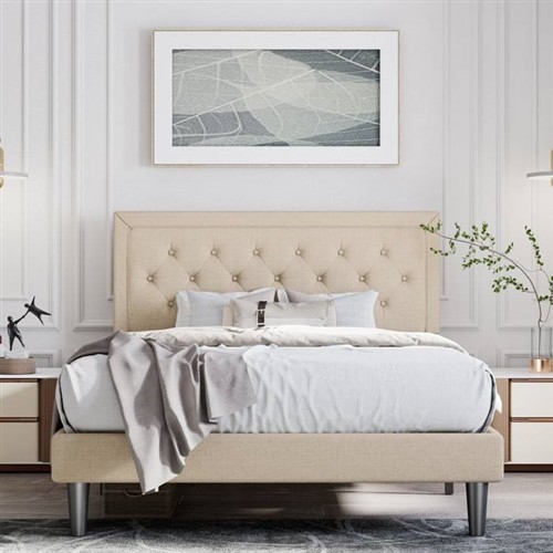 King Size Beige Platform Upholstered Bed Frame with Adjustable Height Headboard