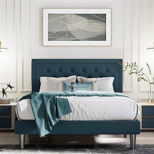 King Size Blue Platform Upholstered Bed Frame with Adjustable Height Headboard
