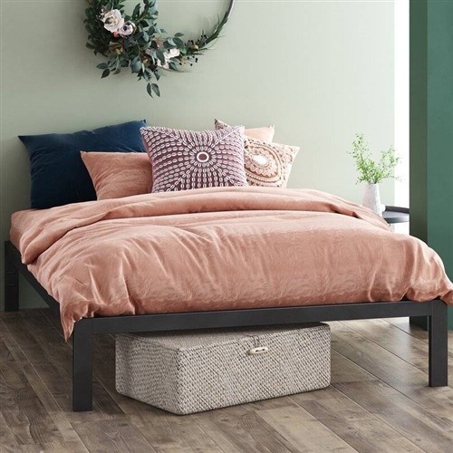 King Size Black Metal Platform Bed Frame with Wood Slats