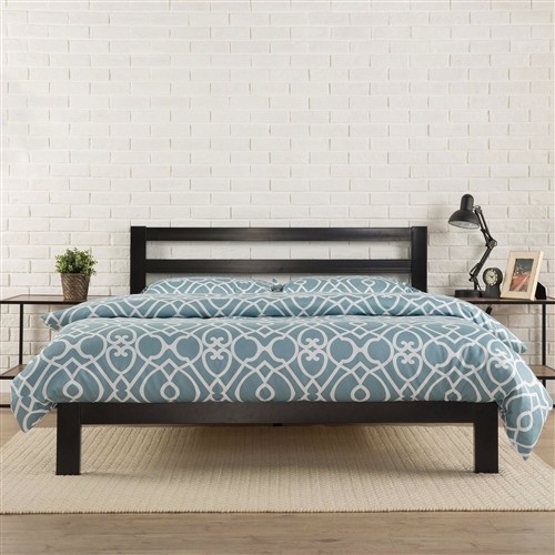 King Size Black Metal Platform Bed Frame with Headboard and Wood Slats