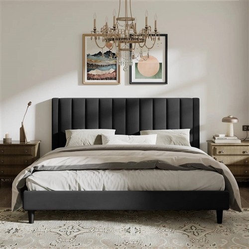 King Size Black Velvet Upholstered Platform Bed Frame with Headboard