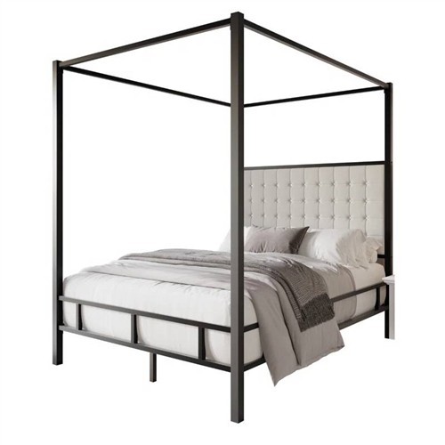 King Size Black Metal Canopy Bed with Upholstered Button-Tufted Headboard