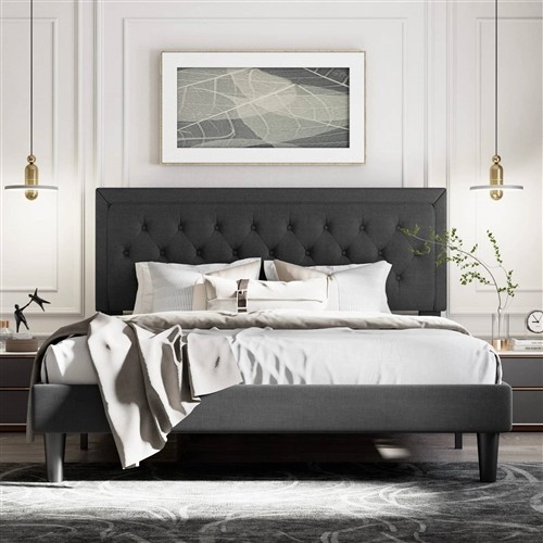 King Size Black Platform Upholstered Bed Frame with Adjustable Height Headboard