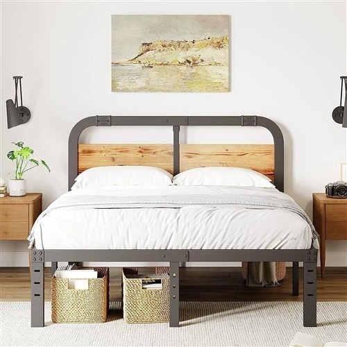 King Size Industrial Black Metal Bed Frame with Solid Wood Panel Headboard