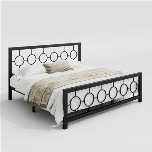 King Size Black Metal Platform Bed Frame with Circle Medallion Headboard and Footboard