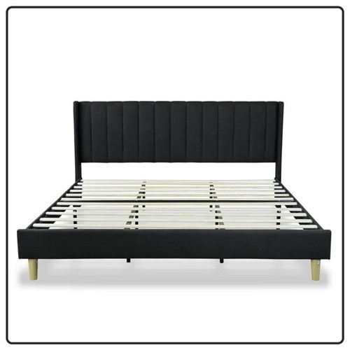 King Size Mid Century Black Upholstered Platform Bed Frame with Upholstered Headboard