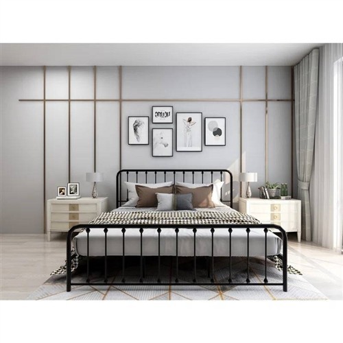 King Size Black Metal Platform Bed Frame with Rounded Corner Headboard  and Footboard