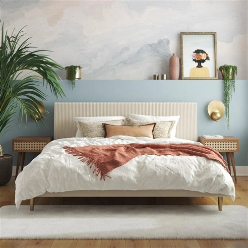 King Size Mid Century Off-White Velvet Upholstered Platform Bed Frame with Headboard