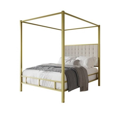 King Size Gold Metal Canopy Bed with Upholstered Button-Tufted Headboard