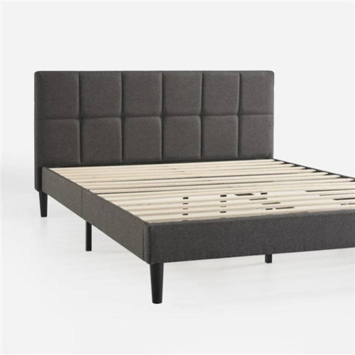 King Size Grey Upholstered Platform Bed Frame with Padded Headboard