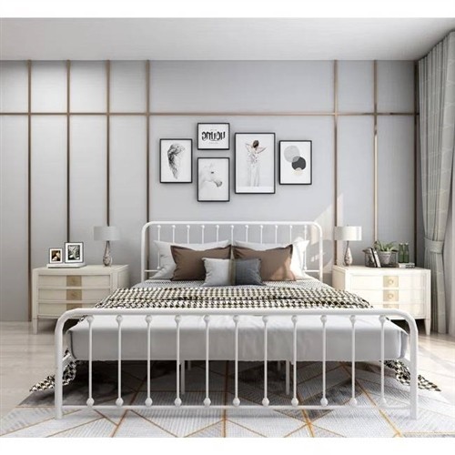 King Size White Metal Platform Bed Frame with Rounded Corner Headboard and Footboard
