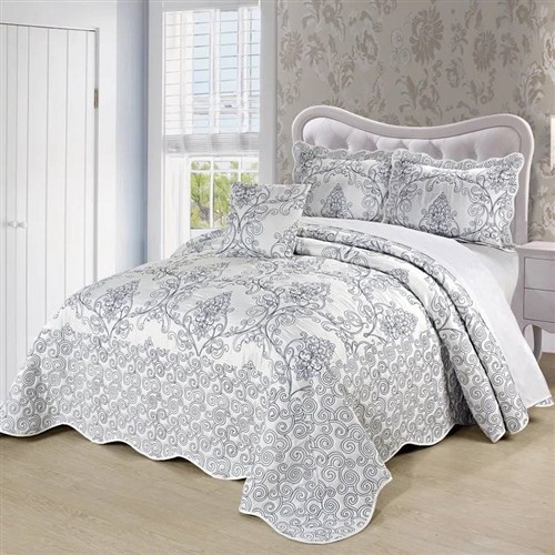 King Size White Damask Embroidered Oversized 4 Pc Bedspread Set