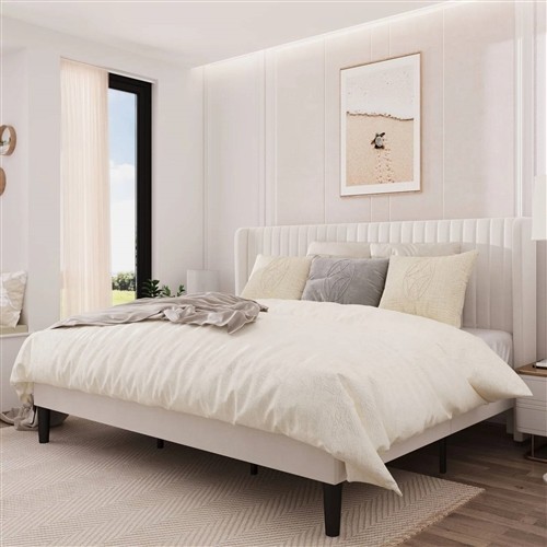 King Size White Velvet Upholstered Platform Bed Frame with Wingback Headboard