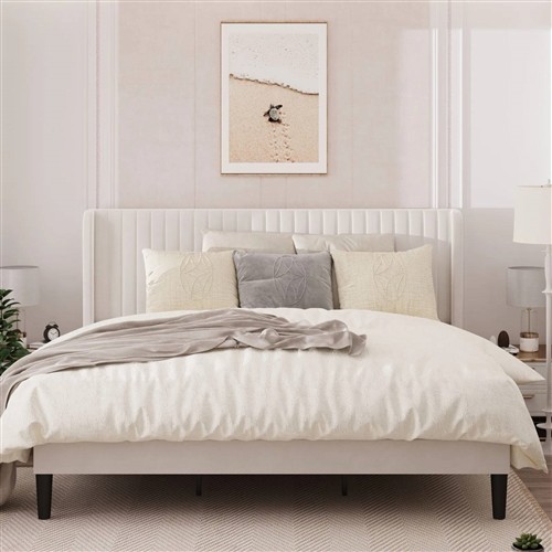 King Size White Velvet Upholstered Platform Bed Frame with Wingback Headboard
