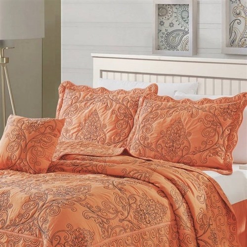 King Size Nectarine Orange Damask Embroidered Oversized 4 Pc Bedspread Set