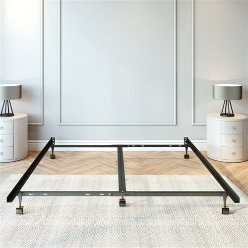 Twin/Full/Queen/King/California King Size Adjustable 7 Leg Black Metal Bed Frame with Locking Rug Roller Caster Wheels