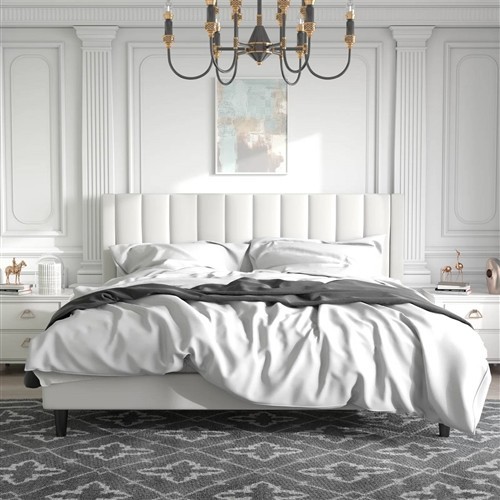 King Size White Velvet Upholstered Platform Bed with Headboard