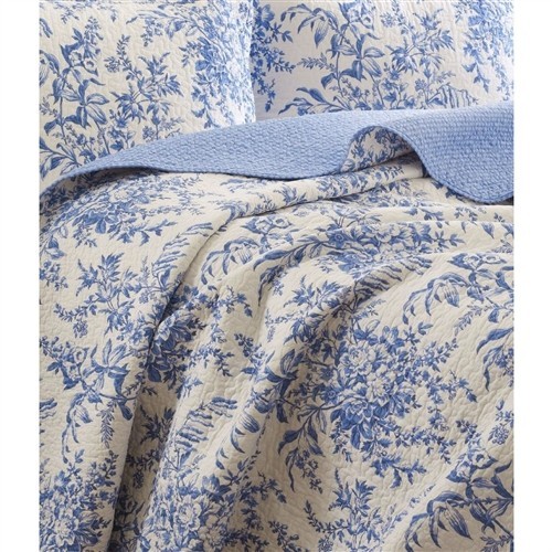 King Size 100% Cotton 3 Pc Reversible Bedspread Set with Blue White Floral Leaves Pattern
