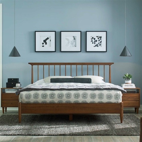 Queen Size Mid Century Solid Walnut Wood Platform Bed Frame with Headboard