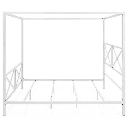 Queen Size White Metal Canopy Bed Frame with Headboard and Footboard