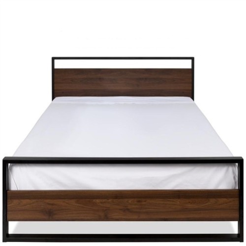 Queen Size Low Profile Black Metal Platform Bed Frame with Wood Headboard