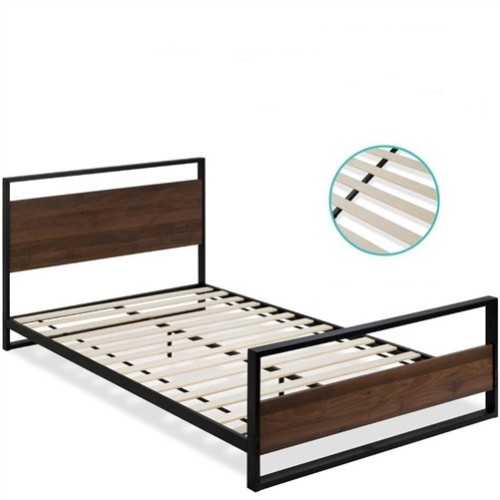 Queen Size Low Profile Black Metal Platform Bed Frame with Wood Headboard