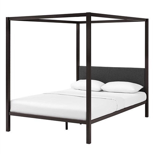 Queen Size Brown Metal Canopy Bed Frame with Grey Upholstered Headboard