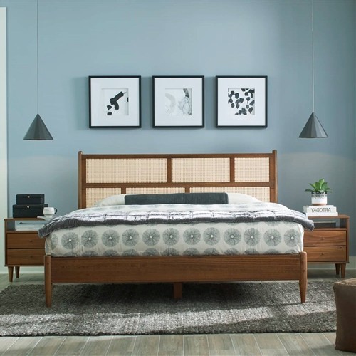 Queen Size Solid Walnut Wood Platform Bed Frame with Cane Paneling Headboard