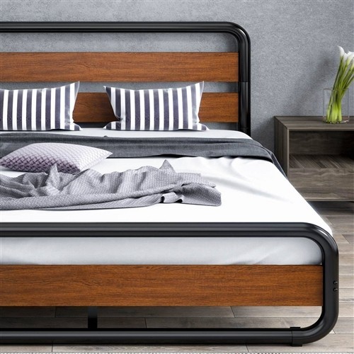 Queen Size Industrial Rounded Black Metal Platform Bed Frame with Brown Wood Panel Headboard