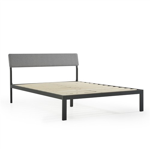 Queen Size Black Metal Platform Bed Frame with Grey Upholstered Headboard and Wooden Slats