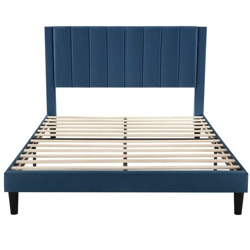 Full Size Navy Blue Velvet Upholstered Platform Bed Frame with Headboard