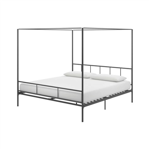 King Size Dark Grey Metal Canopy Bed with Headboard and Footboard
