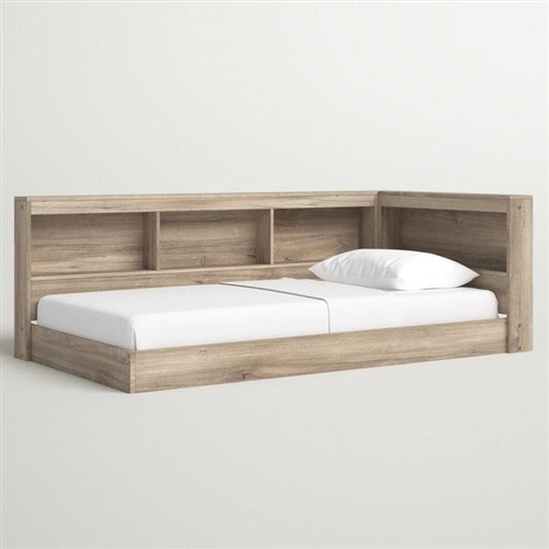 Twin Size Natural Wood Corner Platform Bed Frame with Storage Shelves and USB Ports