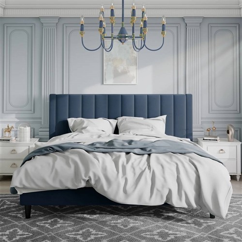 King Size Navy Blue Velvet Upholstered Platform Bed with Headboard